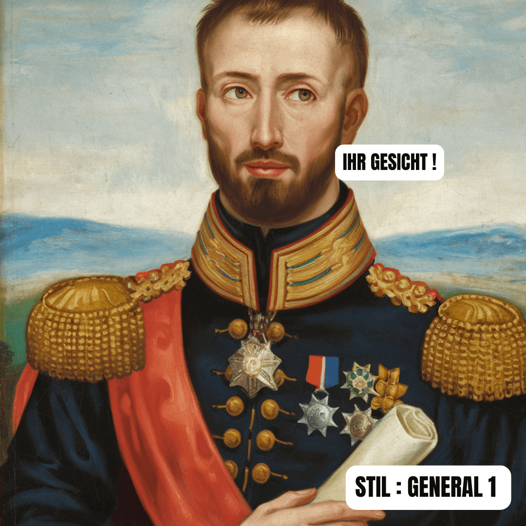 Ölgemälde Porträt eines Generals in prunkvoller Uniform mit Ehrenzeichen, elegant und majestätisch dargestellt.
