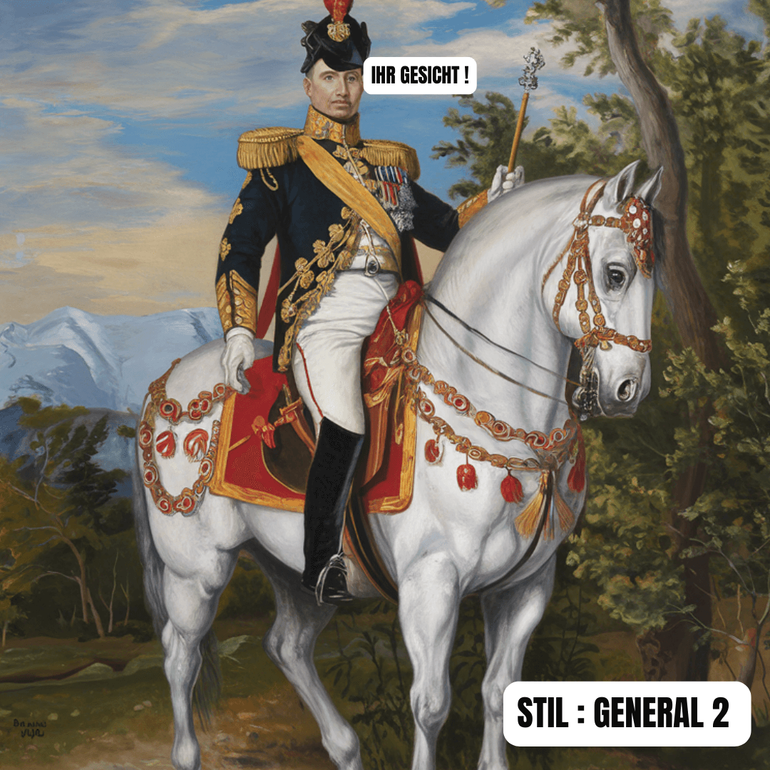 Ölgemälde Porträt eines Generals auf einem prächtigen weißen Pferd, in majestätischer Uniform.