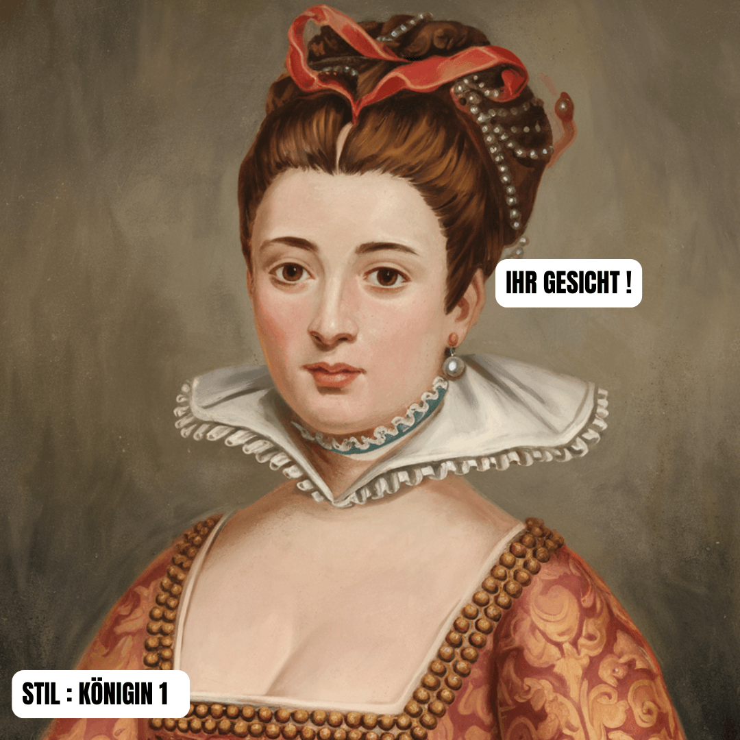 Ölgemälde Porträt einer Königin mit historischer Frisur und prächtigem Gewand, ideal für regal Flair.