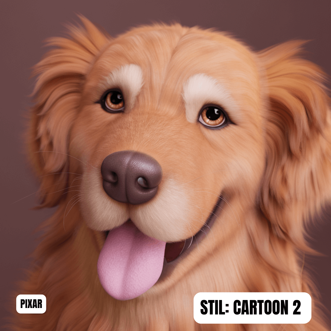 Cartoon portrait of a happy golden retriever with a playful expression, styled in vibrant digital art.