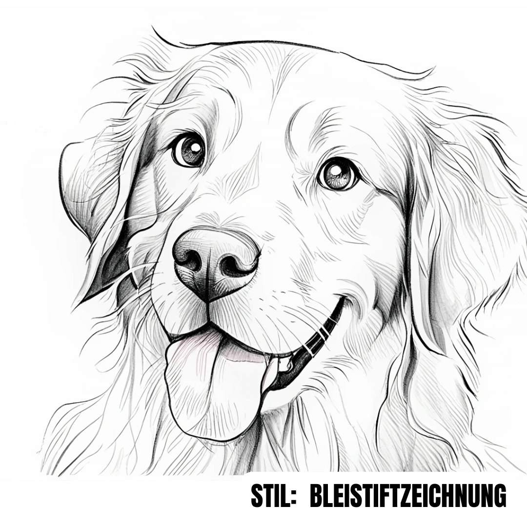 Tier-Porträt eines glücklichen Hundes, zeichnet die Persönlichkeit des Tieres mit einem detaillierten Bleistiftstil.