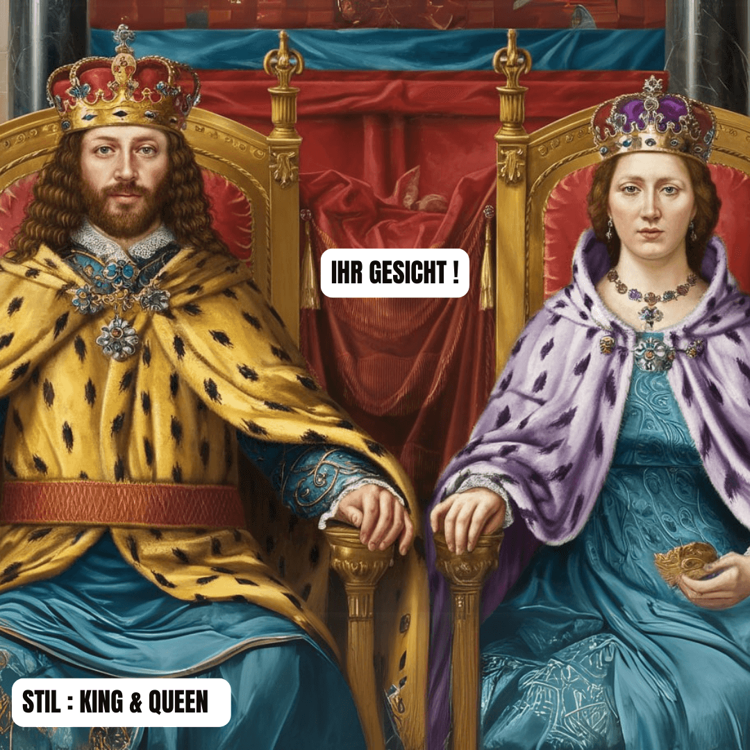Ölgemälde Porträt eines königlichen Paares in majestätischen Gewändern, stilisiert als König und Königin.