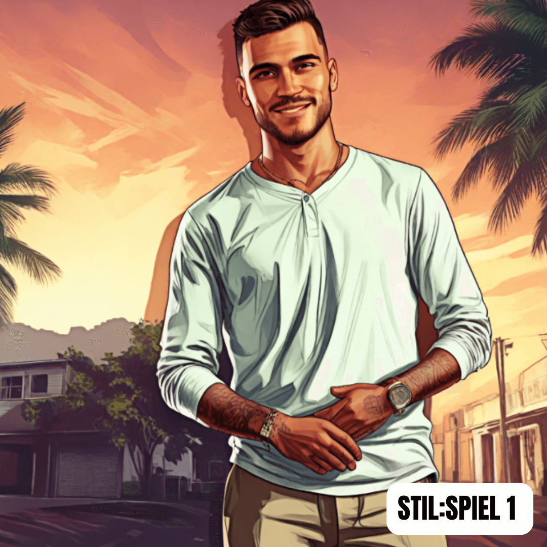 Cartoon-style portrait of a smiling man in a tropical setting, highlighting personalized KI art experience.