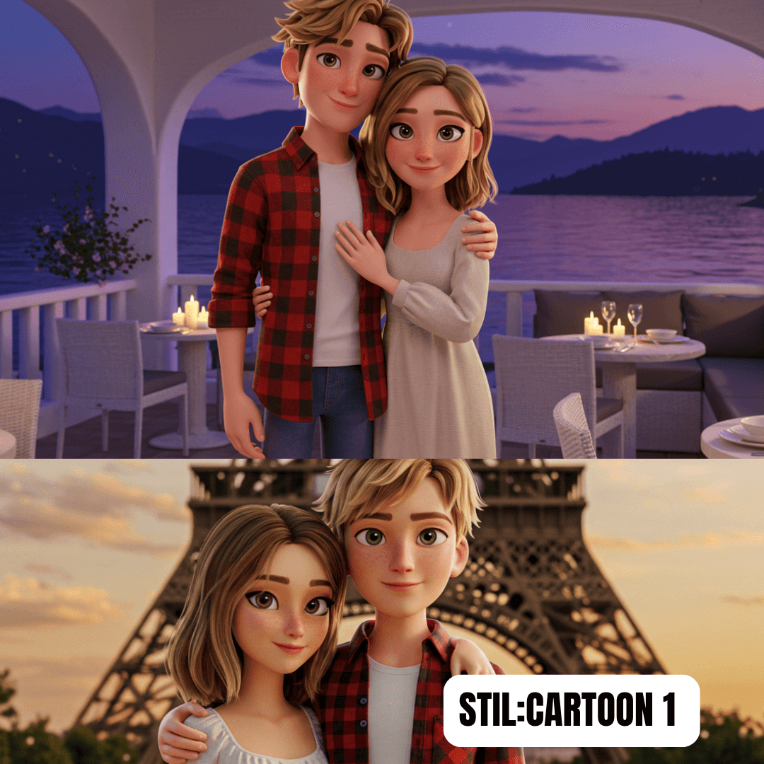 Cartoon-style illustration of a young couple at a romantic dinner and iconic Paris background.