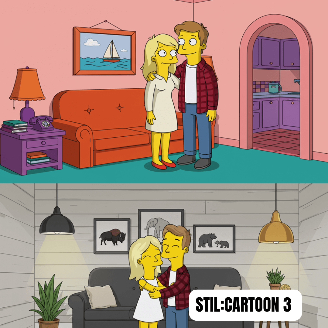 Cartoon-style portrait of a couple in two different home settings, showcasing KI portrait styles.