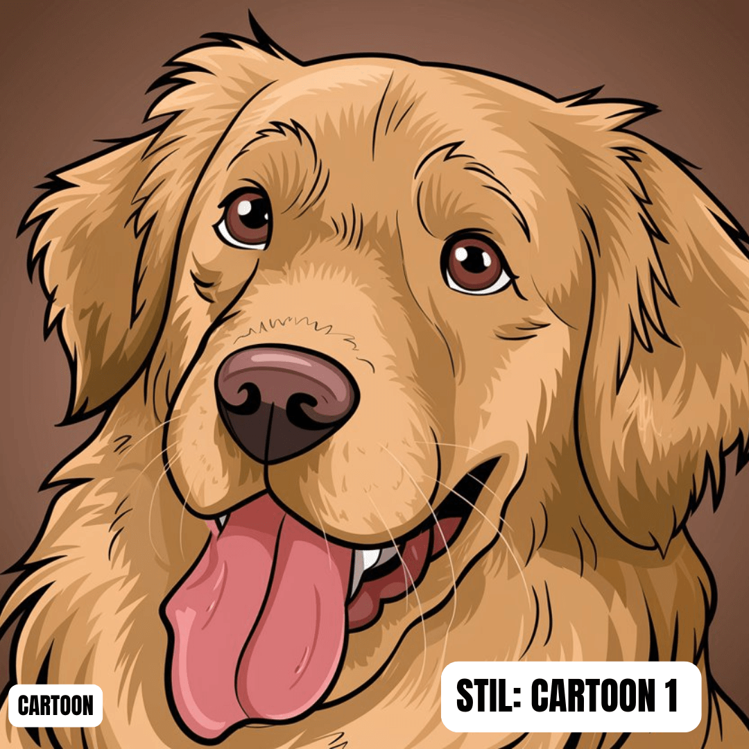 Cartoon portrait of a happy golden retriever with bright eyes and a playful expression, ideal for dog lovers.