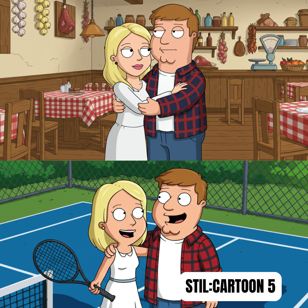 Cartoon style illustration of a couple in a restaurant and on a tennis court, showcasing fun and whimsical moments.