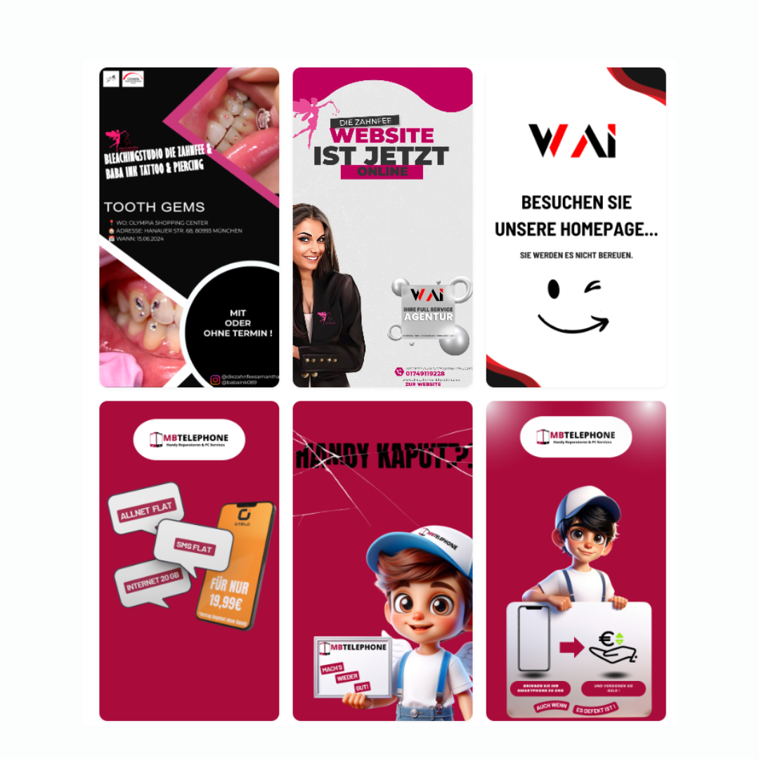 eye-catching Instagram story posts showcasing Tooth Gems, services, and promotions from WAI agency.